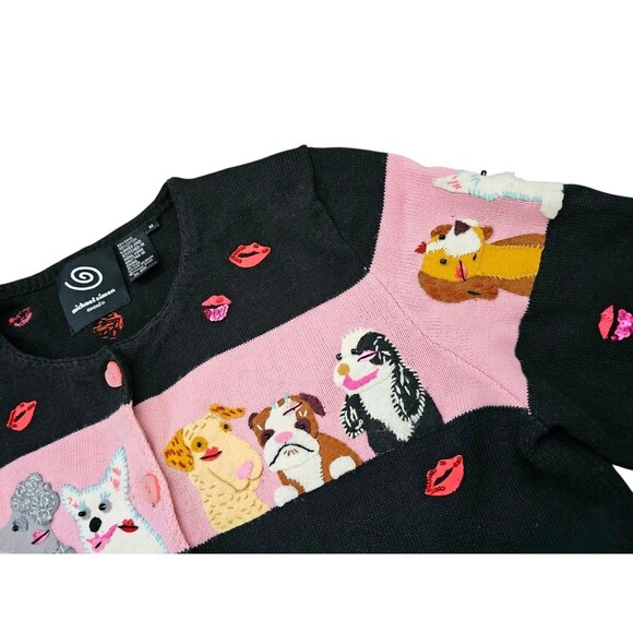 Michael Simon M Cardigan Dog Sweater Kiss Lips Embroidered Beaded Black Pink - Picture 8 of 16